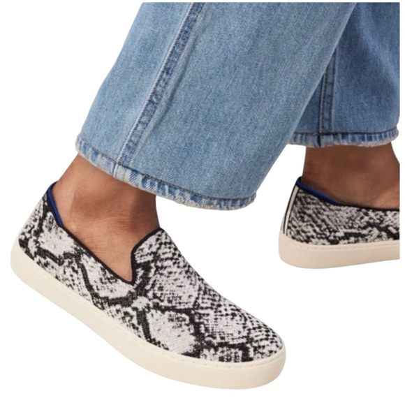 Rothy's The Original Slip- On Black and Cream Snake Print Washable Sneakers - Picture 1 of 14